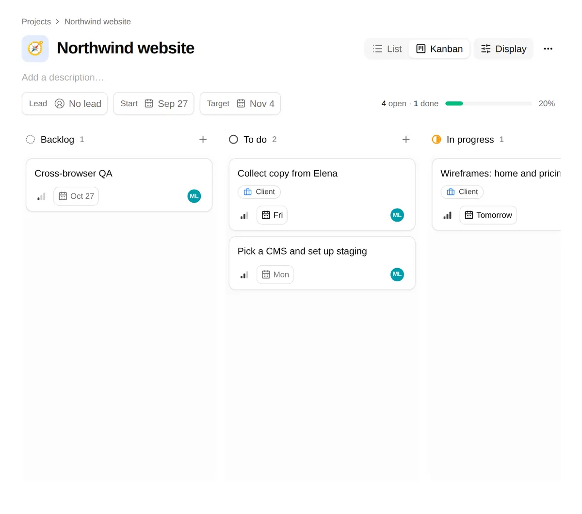 The Northwind website project as a kanban board with tasks in Backlog, To do and In progress
