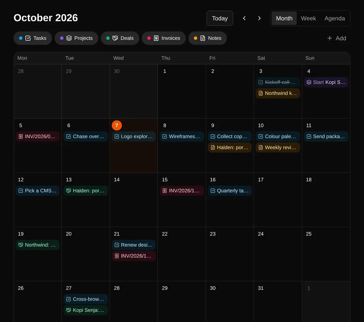 The month calendar with tasks, a deal and an invoice due