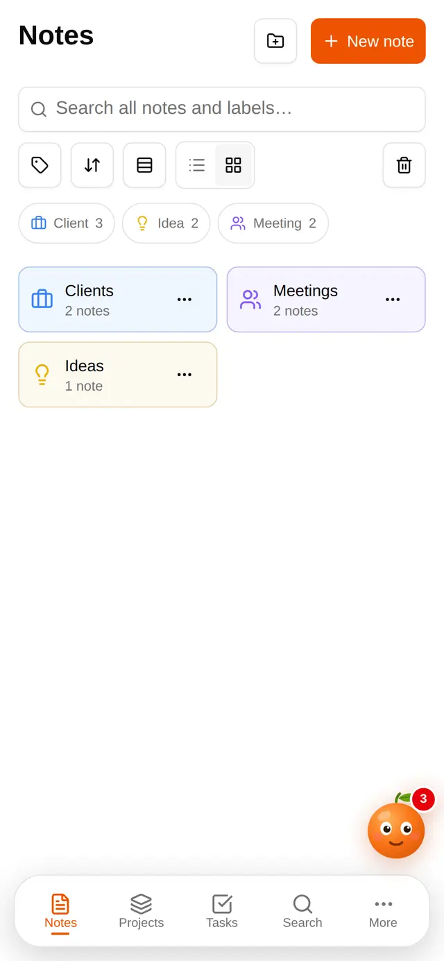 Notes on a phone: the note cards in two columns, with the dock below