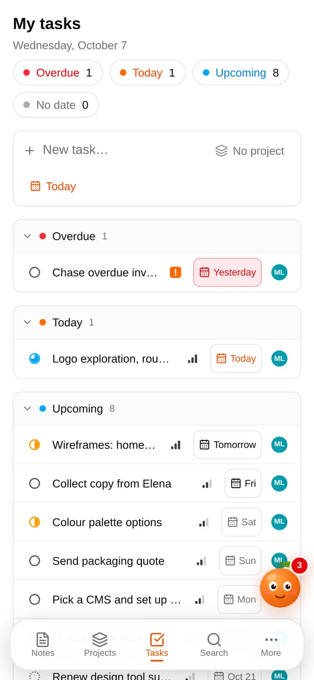 My tasks on a phone: overdue, today and upcoming